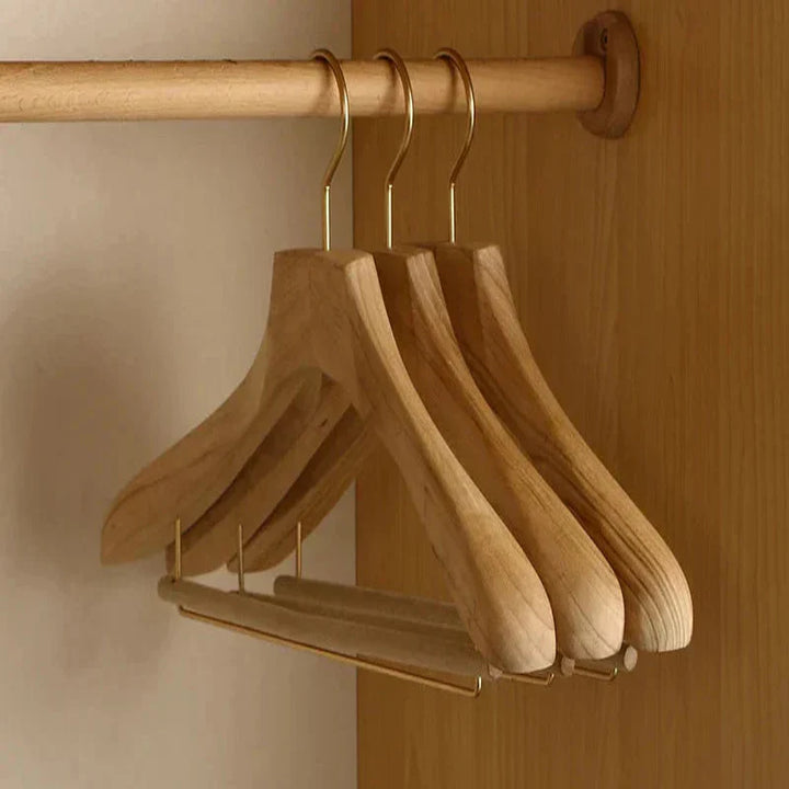 Wide Shoulder Wooden Hangers Camphor Wood Flocked Rod Set