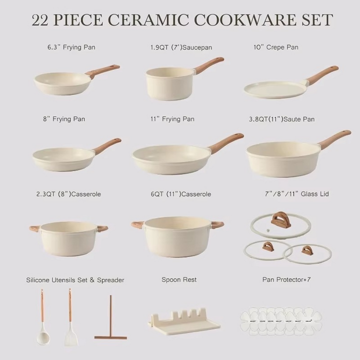 Ceramic Nonstick 22-Piece Cookware Set Tempered Glass Lids