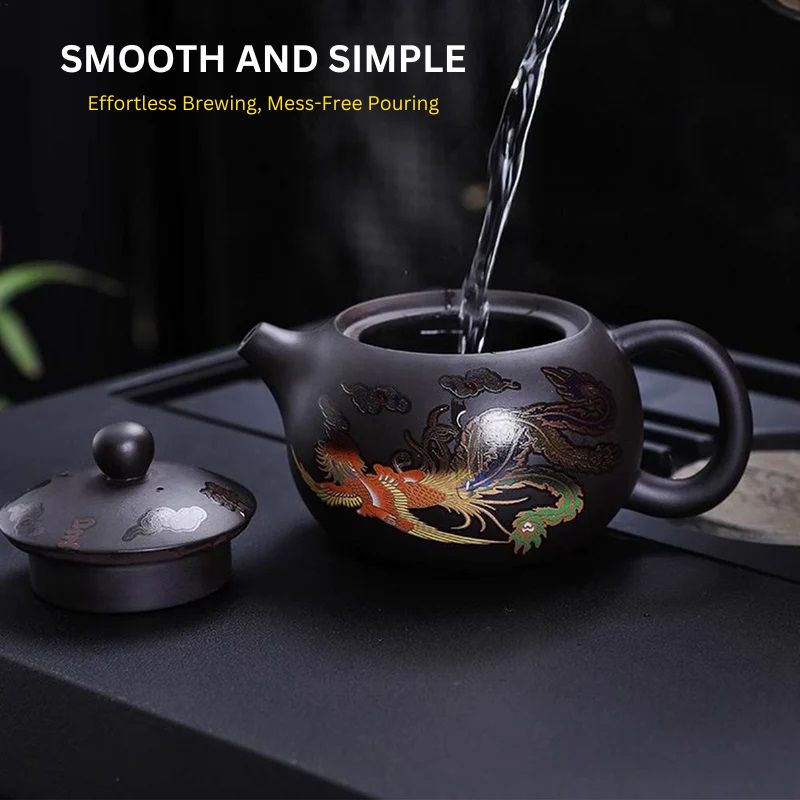 Ceramic Teapot with Dragon and Phoenix Design Color-Changing Feature