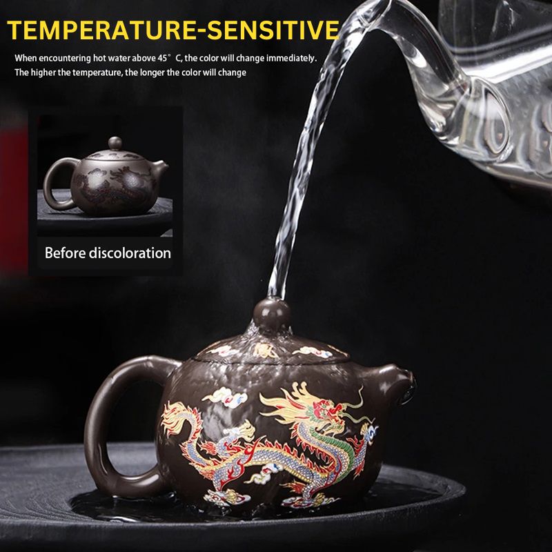 Ceramic Teapot with Dragon and Phoenix Design Color-Changing Feature