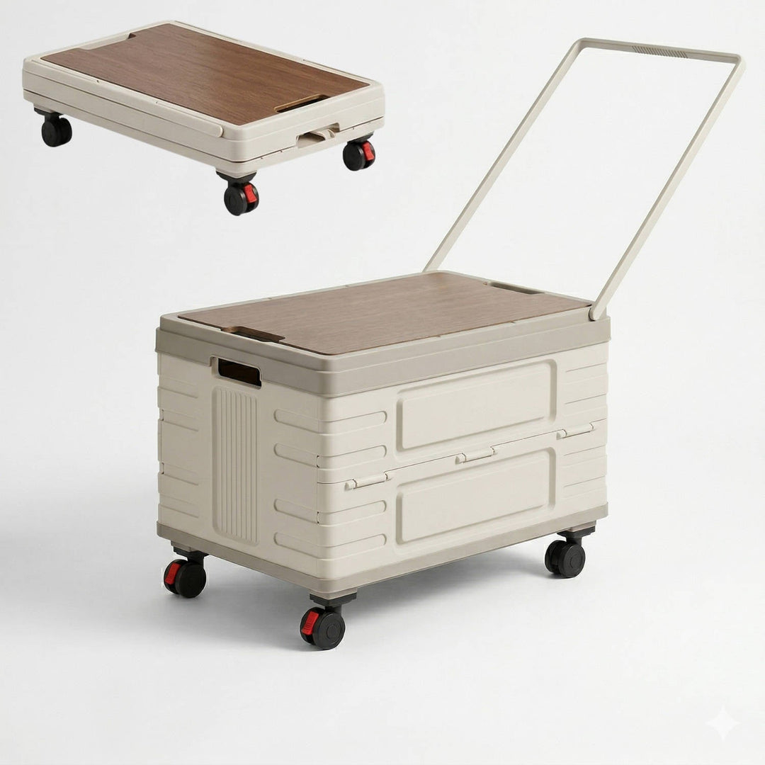 Portable Outdoor Storage Box with Wood Lid Foldable Rolling Cart - Lenila