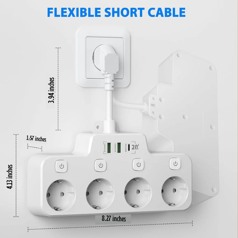 Wall-Mounted Power Strip with USB-A USB-C and Independent Switch