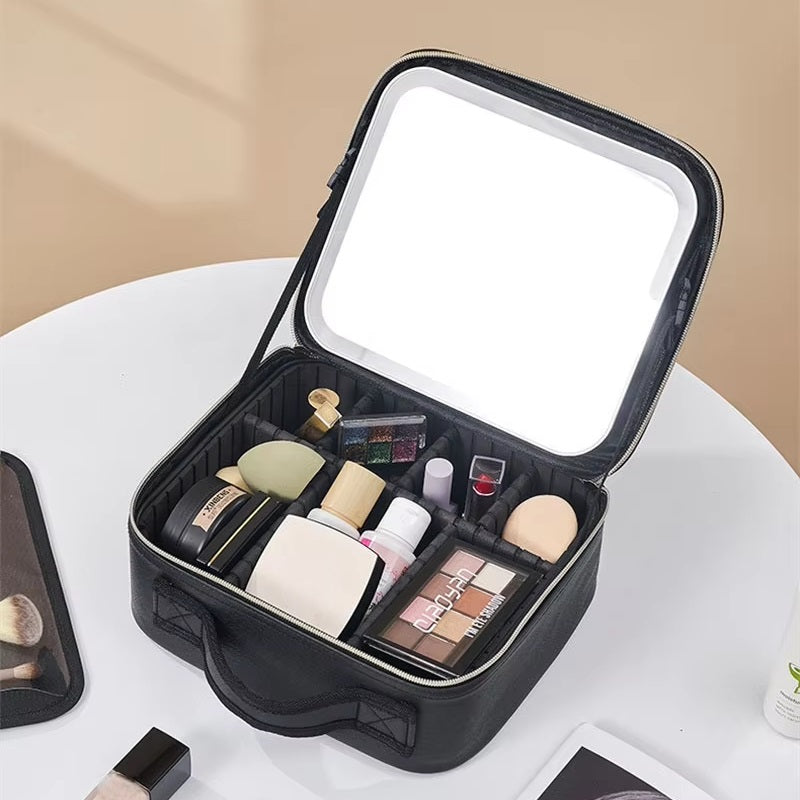 Travel Makeup Bag with LED Mirror and Spacious Compartments