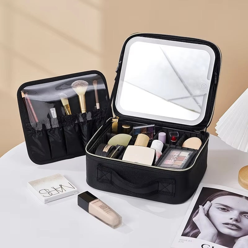 Travel Makeup Bag with LED Mirror and Spacious Compartments