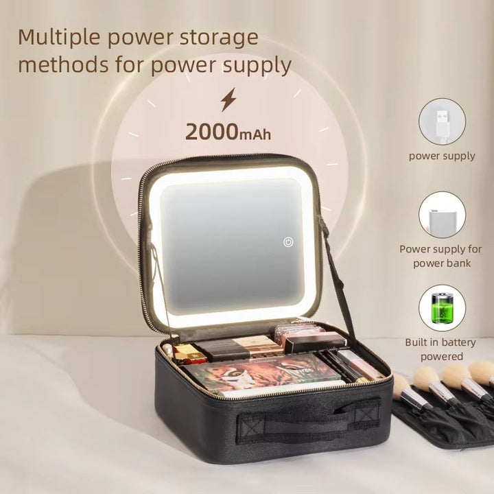 Travel Makeup Bag with LED Mirror and Spacious Compartments