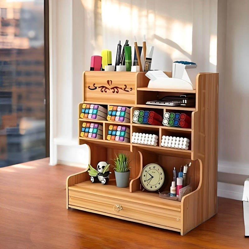 Wooden Desk Organizer with Drawer and Grid Compartments - Lenila