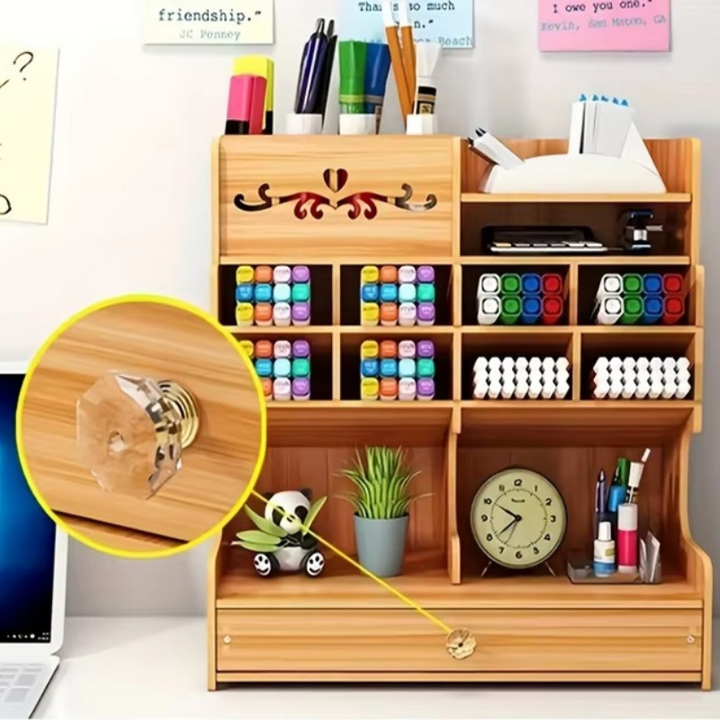 Wooden Desk Organizer with Drawer and Grid Compartments