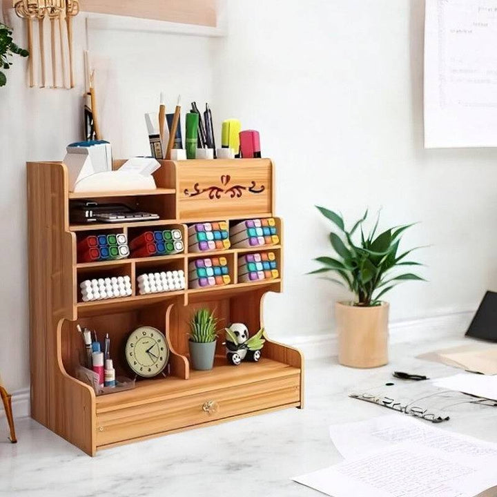 Wooden Desk Organizer with Drawer and Grid Compartments