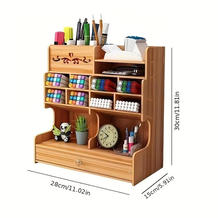 Wooden Desk Organizer with Drawer and Grid Compartments
