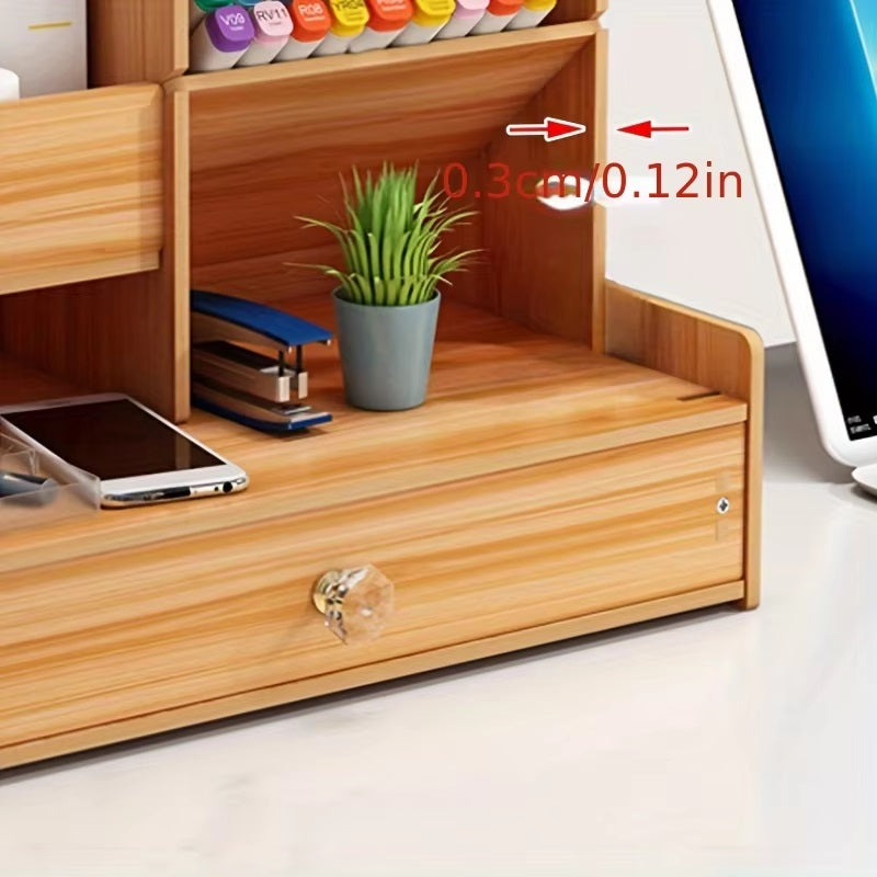 Wooden Desk Organizer with Drawer and Grid Compartments