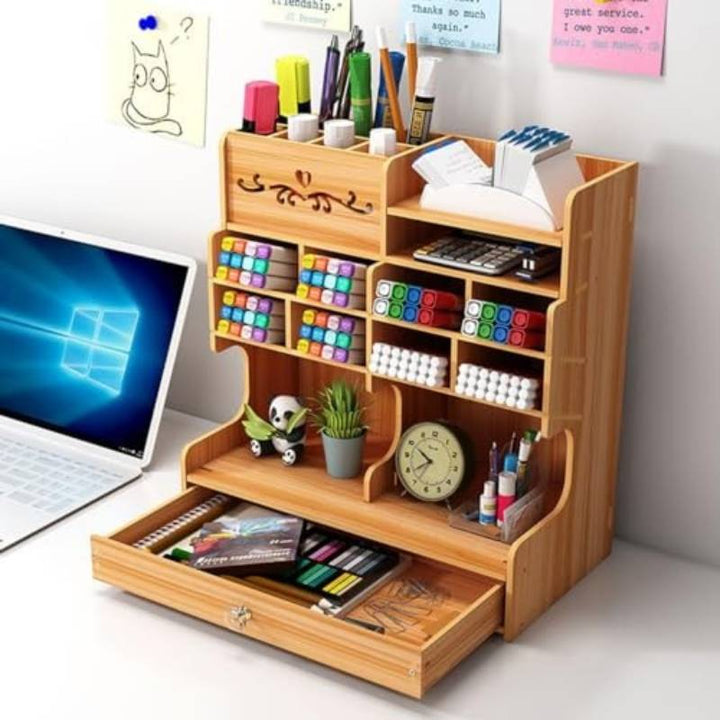 Wooden Desk Organizer with Drawer and Grid Compartments