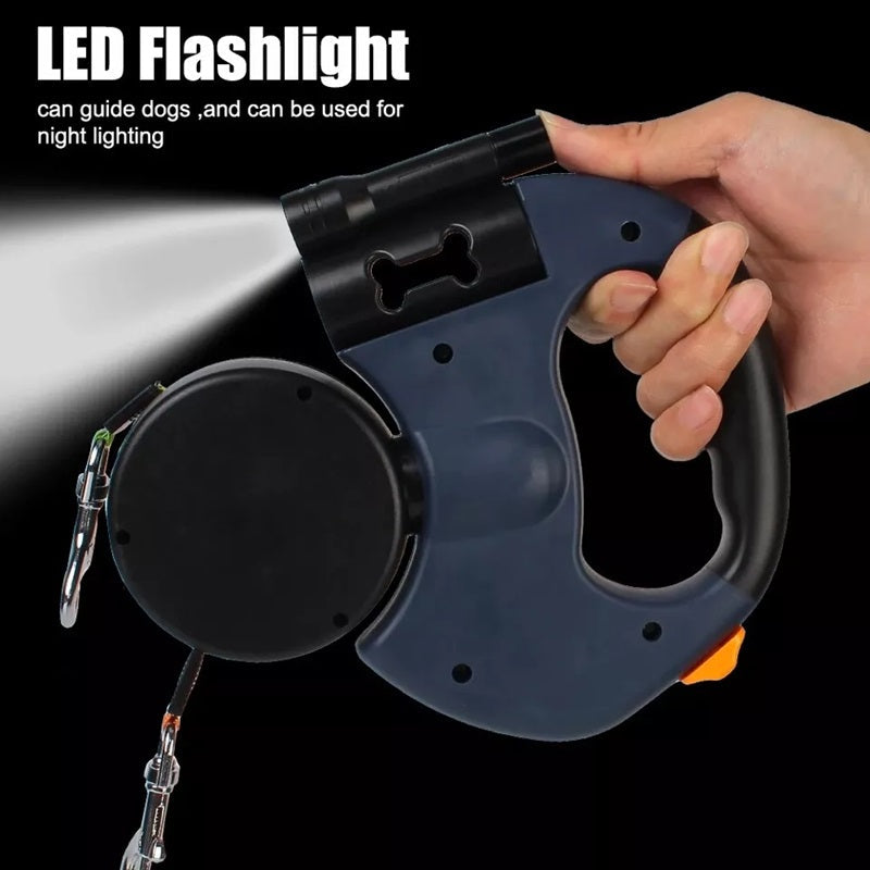 Retractable Dog Leash Dual 10ft Built-In Flashlight and Waste Bag