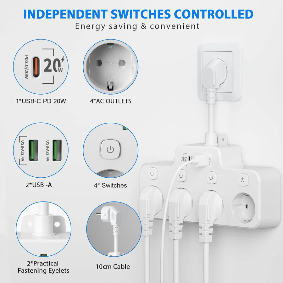 Wall-Mounted Power Strip with USB-A USB-C and Independent Switch