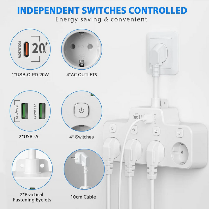 Wall-Mounted Power Strip with USB-A USB-C and Independent Switch