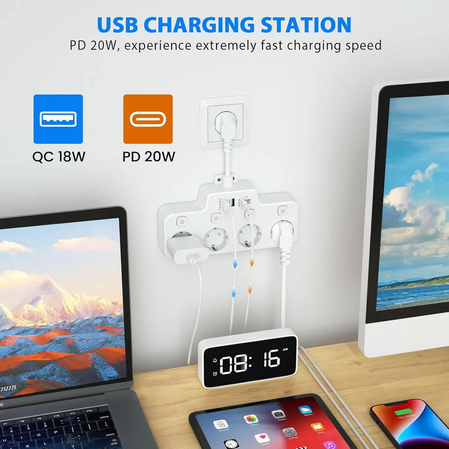 Wall-Mounted Power Strip with USB-A USB-C and Independent Switch