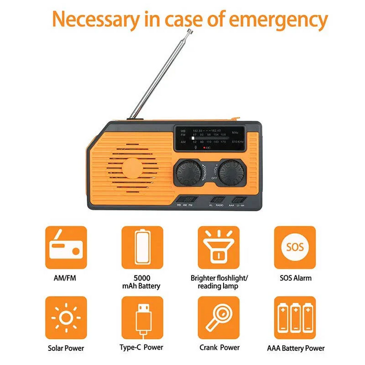 Emergency Radio with Solar Panel and Hand Crank