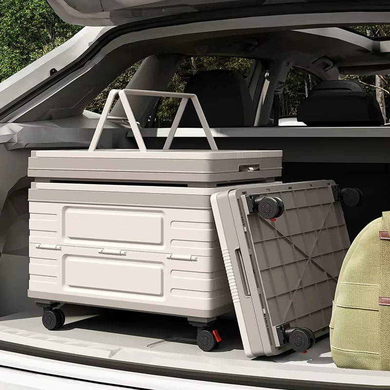 Portable Outdoor Storage Box with Wood Lid Foldable Rolling Cart