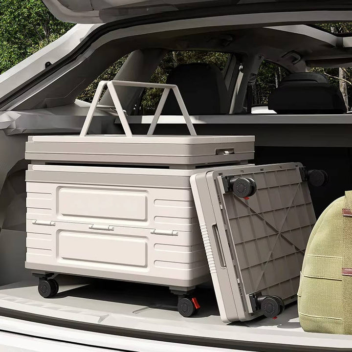 Portable Outdoor Storage Box with Wood Lid Foldable Rolling Cart