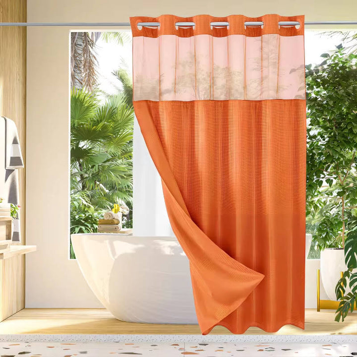 Waterproof Waffle Pattern Shower Curtain with Mesh Window Modern Style