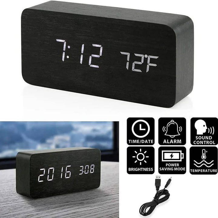 Digital Wooden Alarm Clock with Sound Control and LED Display
