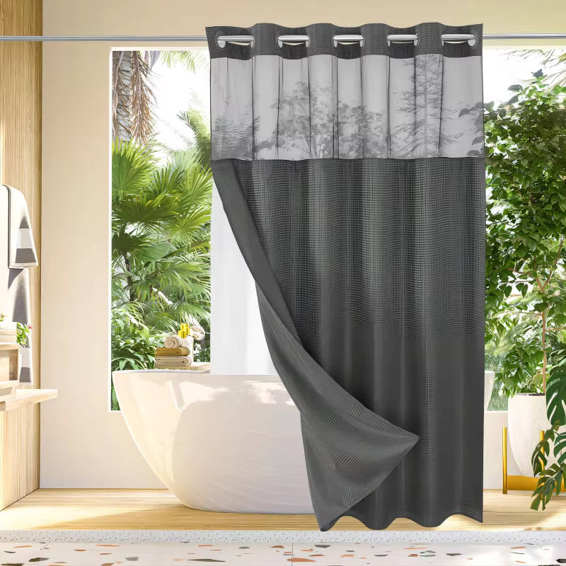 Waterproof Waffle Pattern Shower Curtain with Mesh Window Modern Style