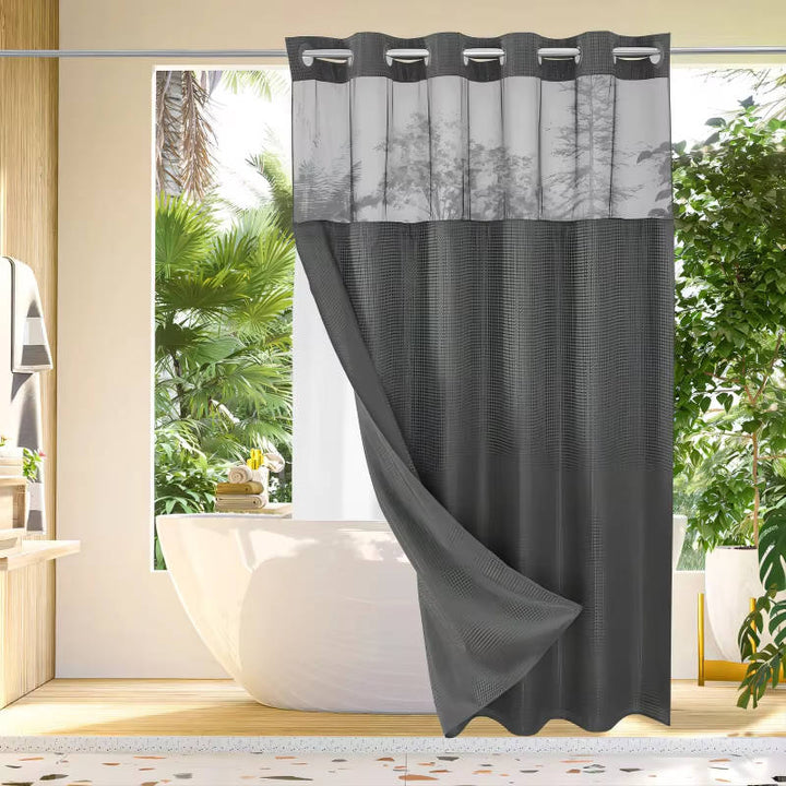 Waterproof Waffle Pattern Shower Curtain with Mesh Window Modern Style
