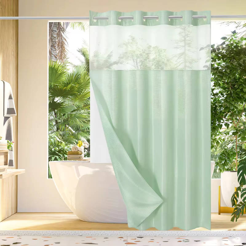 Waterproof Waffle Pattern Shower Curtain with Mesh Window Modern Style