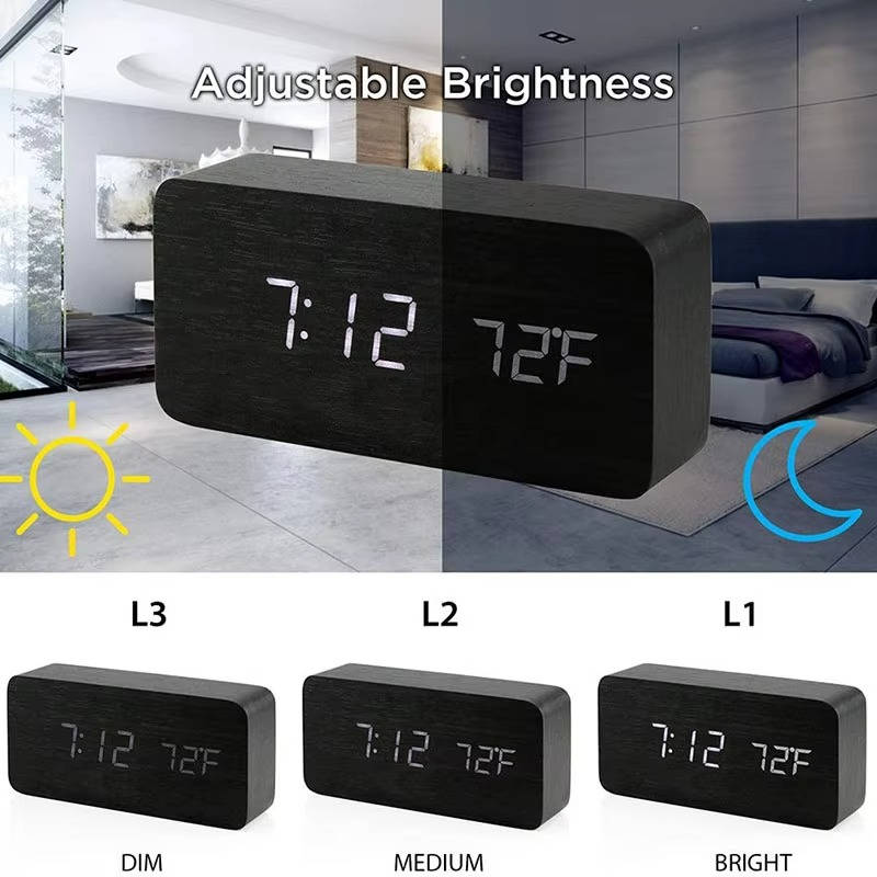 Digital Wooden Alarm Clock with Sound Control and LED Display