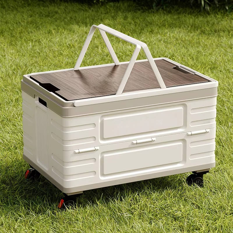 Portable Outdoor Storage Box with Wood Lid Foldable Rolling Cart