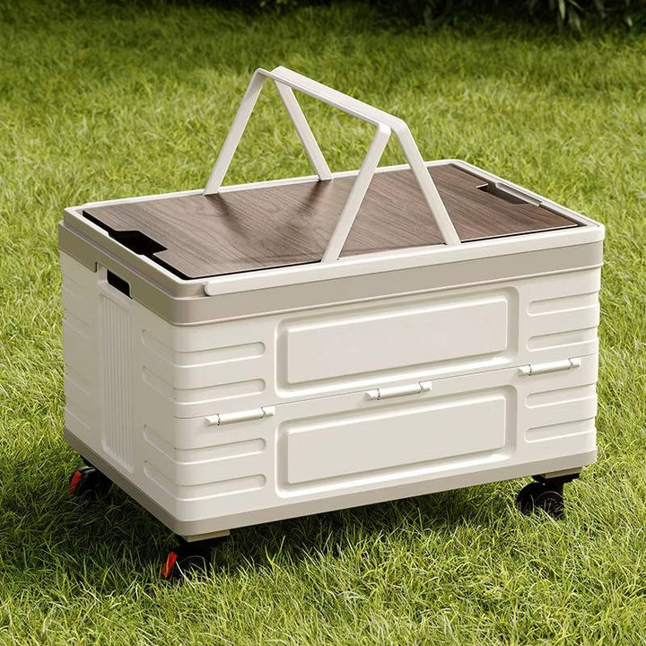 Portable Outdoor Storage Box with Wood Lid Foldable Rolling Cart