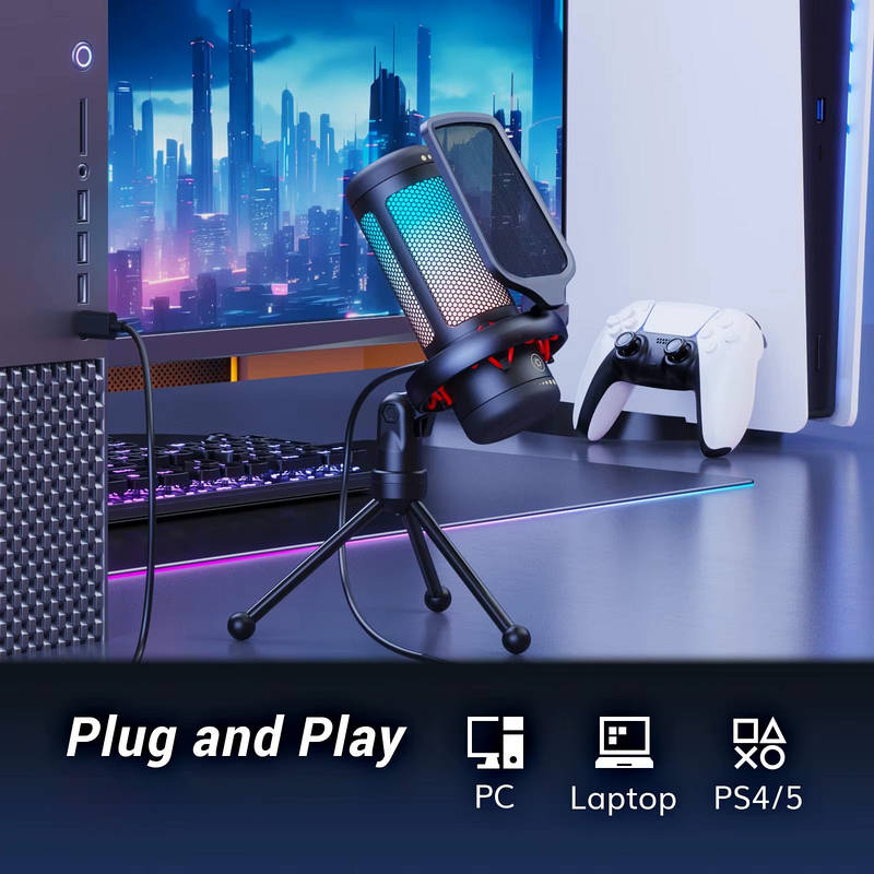 USB Gaming Microphone with RGB Lighting One Tap Mute Sound Control