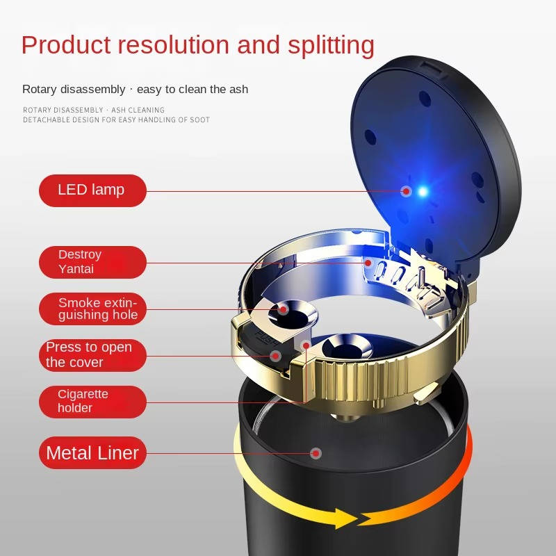 Portable Car Ashtray with Lid LED Cup Holder Smokeless Design