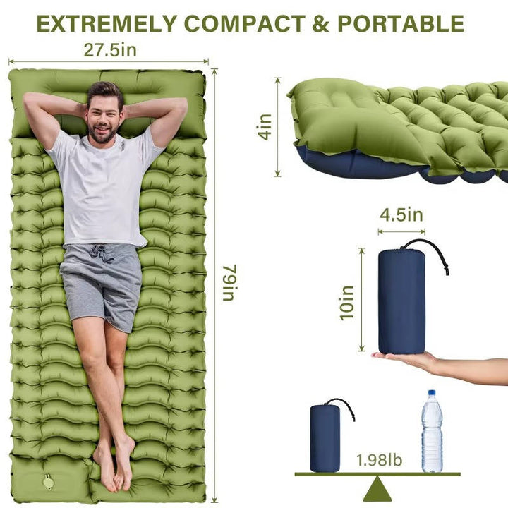 Ultralight Inflatable Sleeping Pad with Built-In Pillow for Camping
