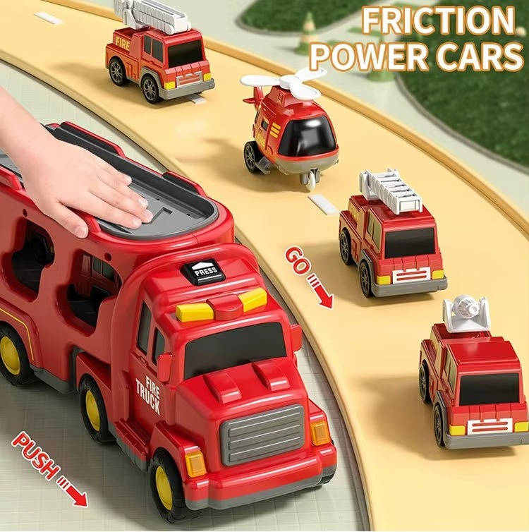 Kids Fire Truck Carrier Toy Set with Lights Sound and Helicopter