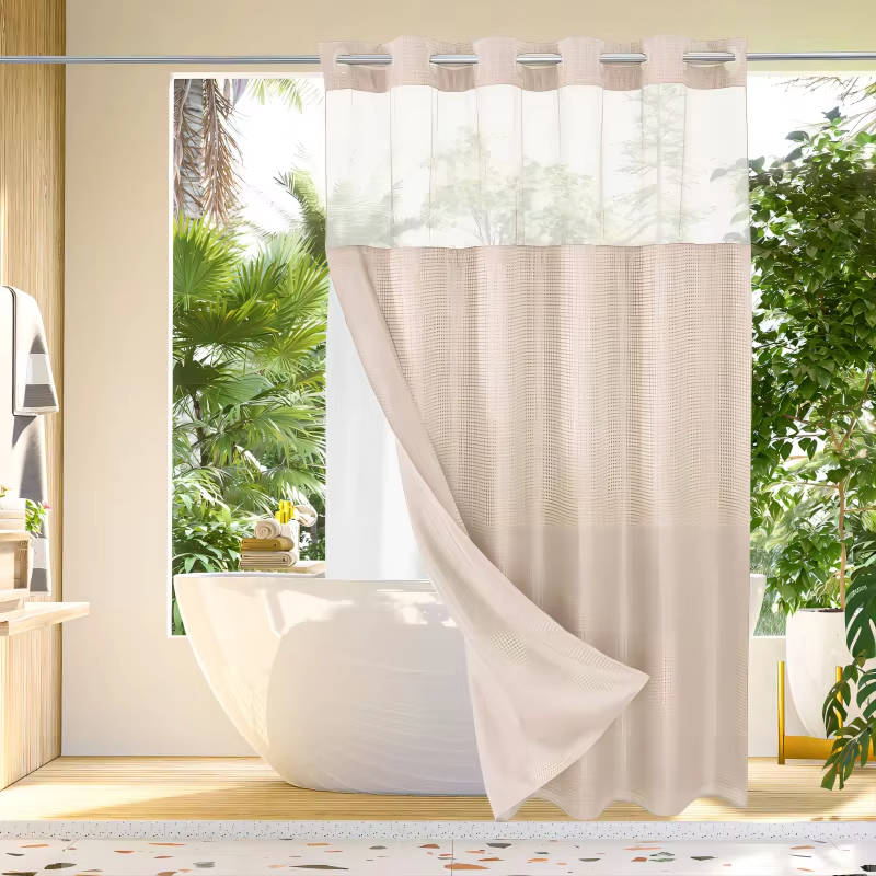 Waterproof Waffle Pattern Shower Curtain with Mesh Window Modern Style