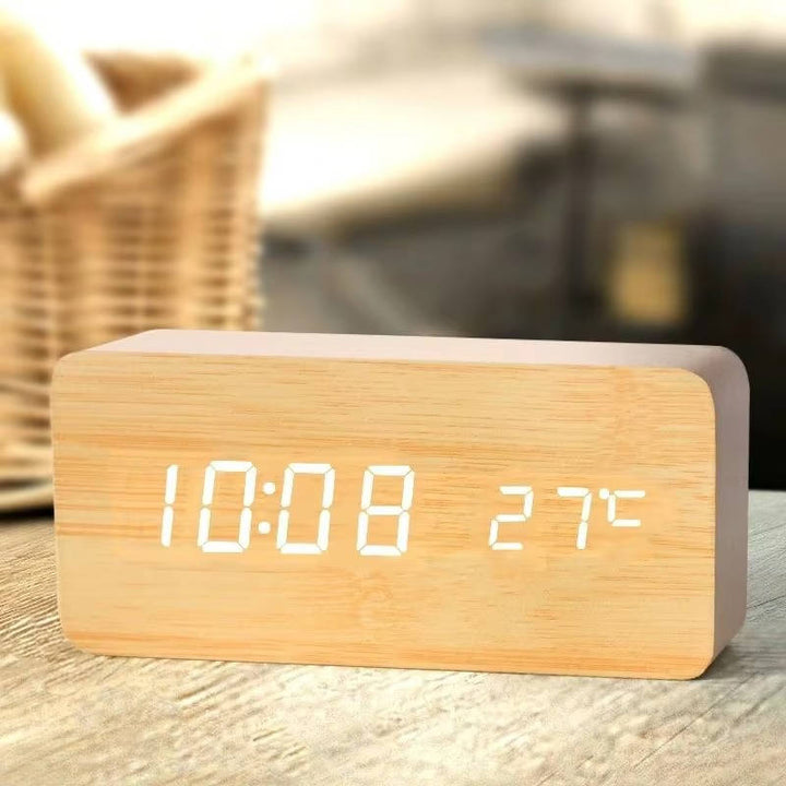 Digital Wooden Alarm Clock with Sound Control and LED Display