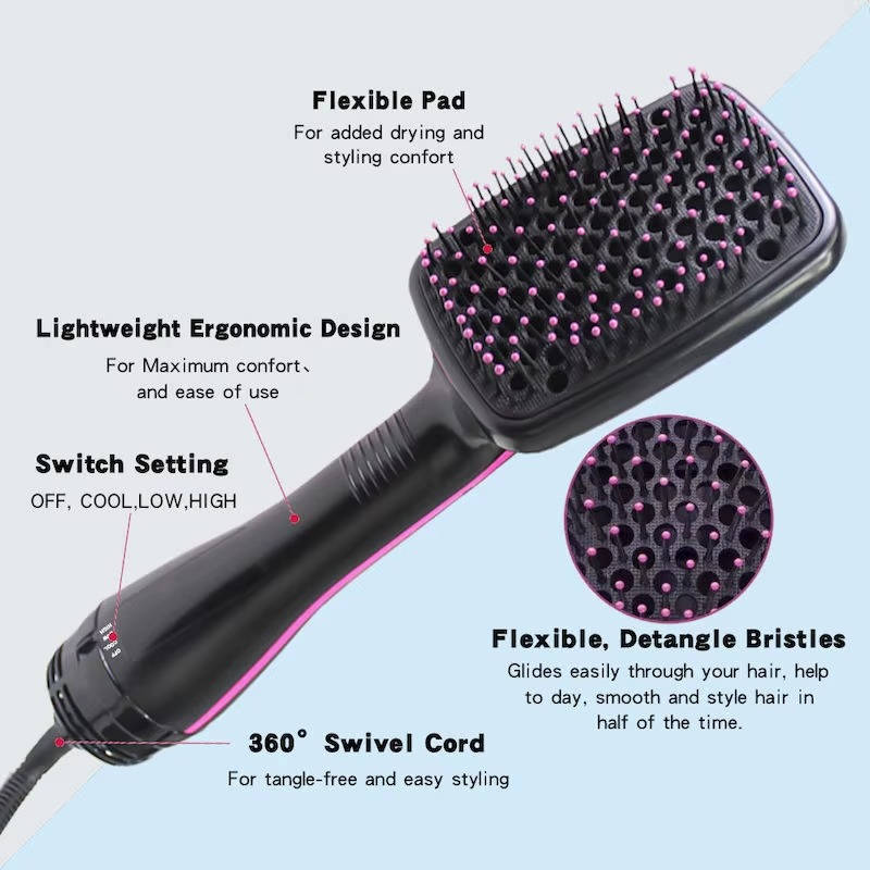Hair Dryer Brush with Temperature Control and Ionic Technology