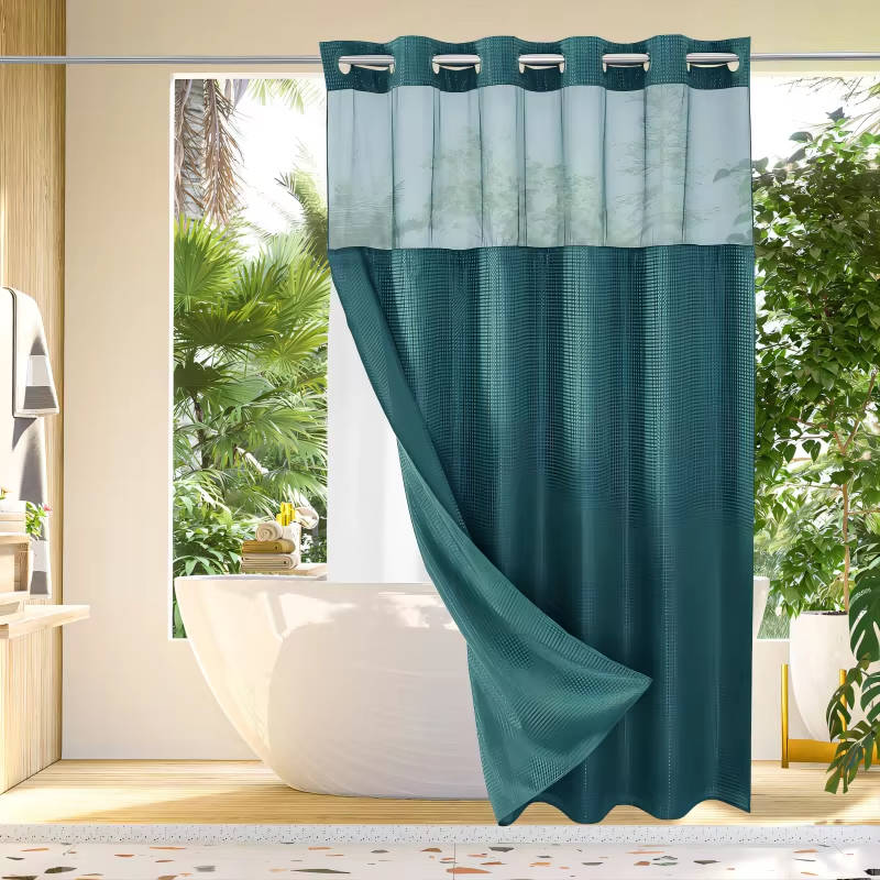 Waterproof Waffle Pattern Shower Curtain with Mesh Window Modern Style