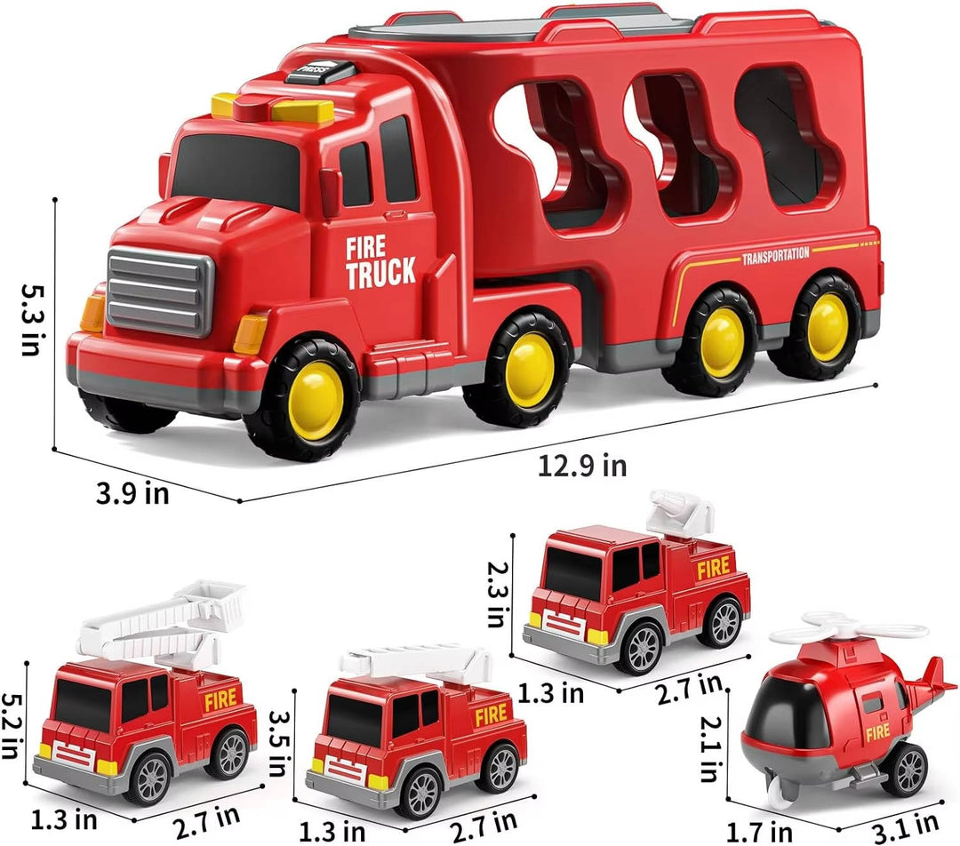Kids Fire Truck Carrier Toy Set with Lights Sound and Helicopter