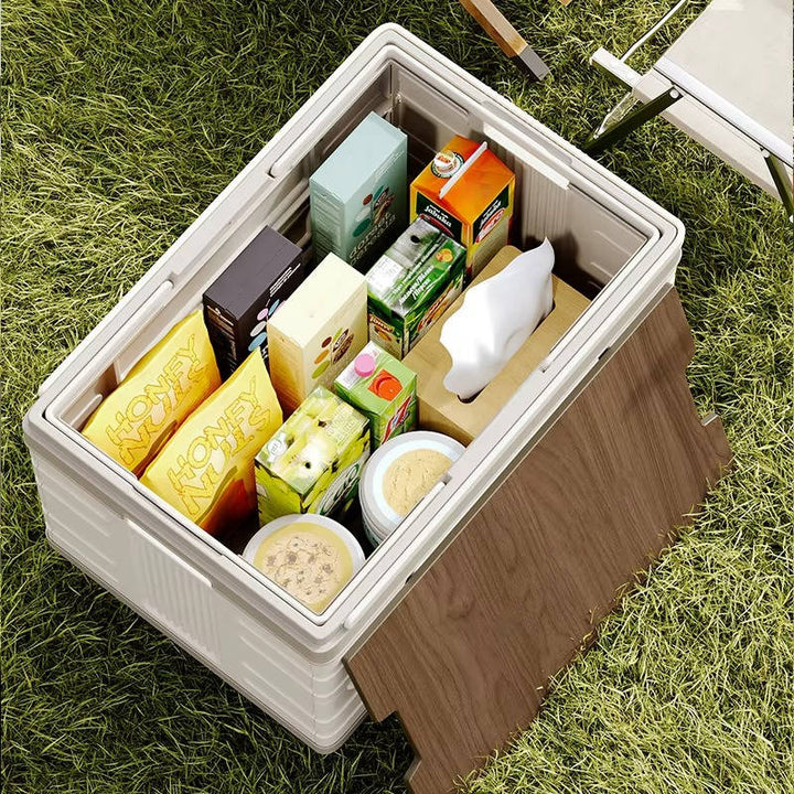 Portable Outdoor Storage Box with Wood Lid Foldable Rolling Cart