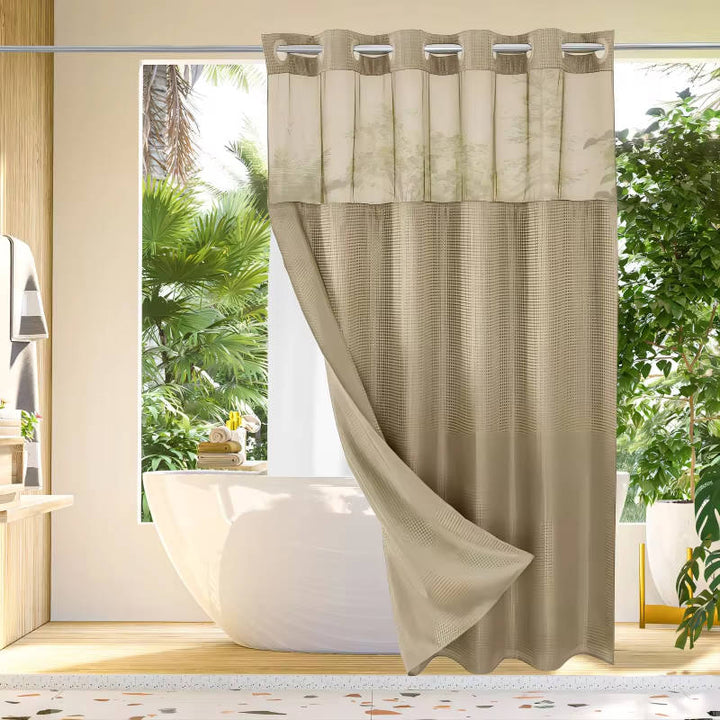 Waterproof Waffle Pattern Shower Curtain with Mesh Window Modern Style