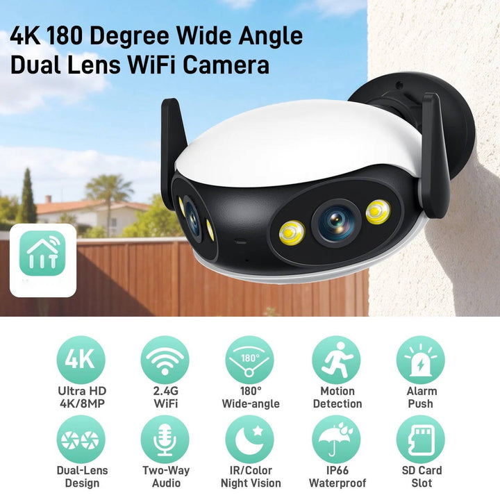 Outdoor WiFi Security Camera 4K 8MP Panoramic Night Vision
