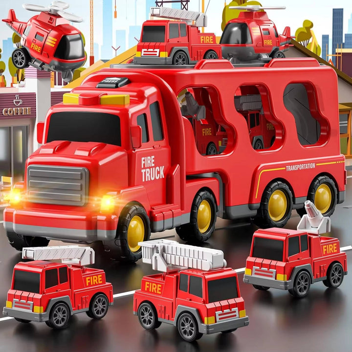 Kids Fire Truck Carrier Toy Set with Lights Sound and Helicopter