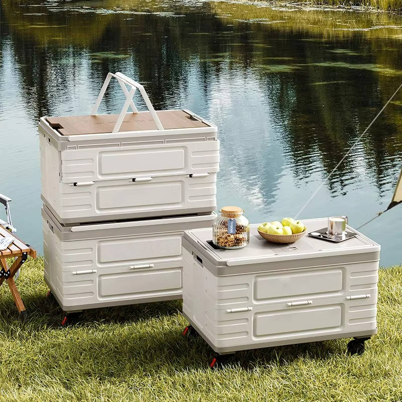 Portable Outdoor Storage Box with Wood Lid Foldable Rolling Cart