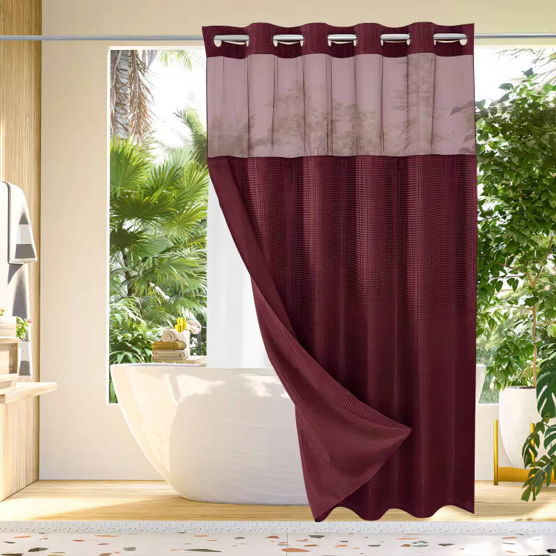 Waterproof Waffle Pattern Shower Curtain with Mesh Window Modern Style