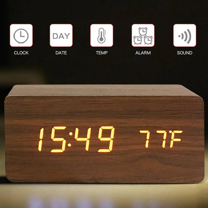 Digital Wooden Alarm Clock with Sound Control and LED Display