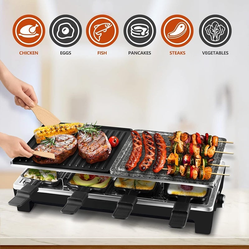 Electric Indoor Grill with Reversible Non-Stick Plate and Raclette