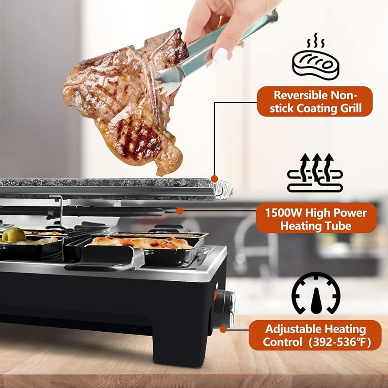 Electric Indoor Grill with Reversible Non-Stick Plate and Raclette