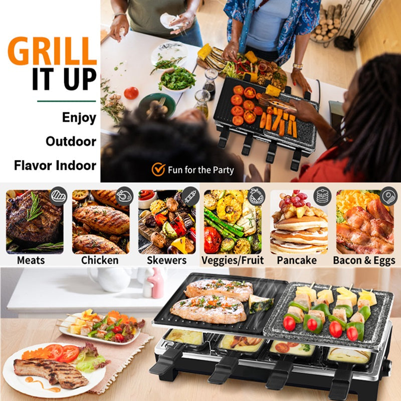Electric Indoor Grill with Reversible Non-Stick Plate and Raclette