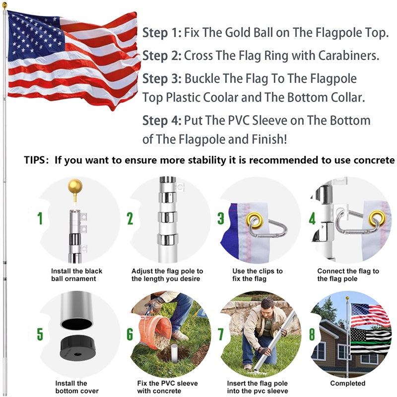 Heavy Duty Telescopic Flag Pole 25ft Adjustable Length